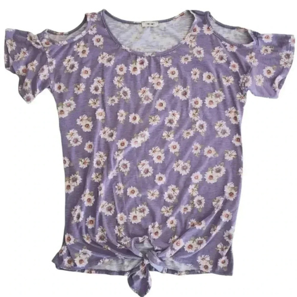 First Love Women's Short Sleeve Cold Shoulder Top Purple Floral Size Medium - Picture 1 of 2